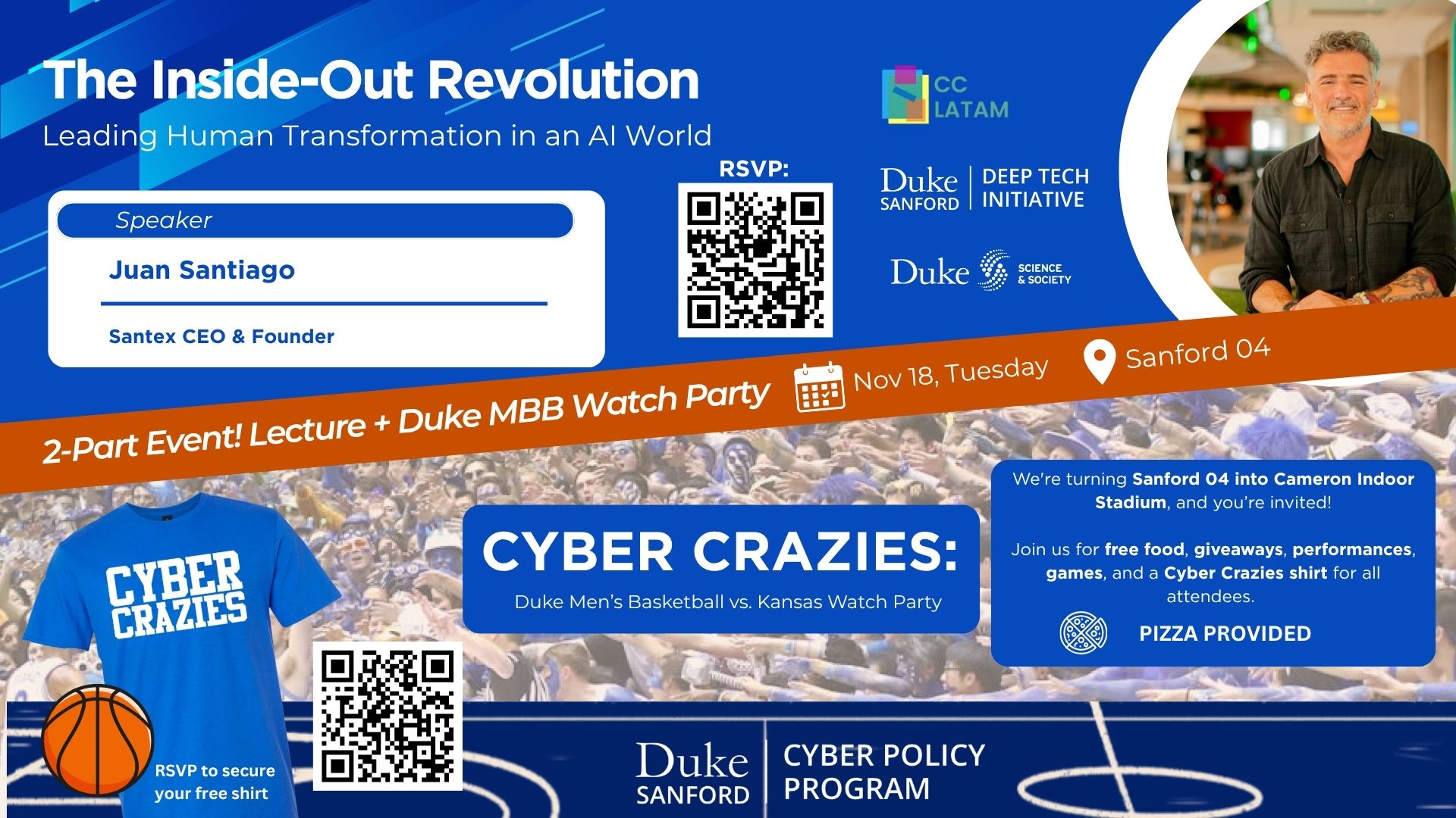 Juan Santiago and Duke MBB watch party flyer